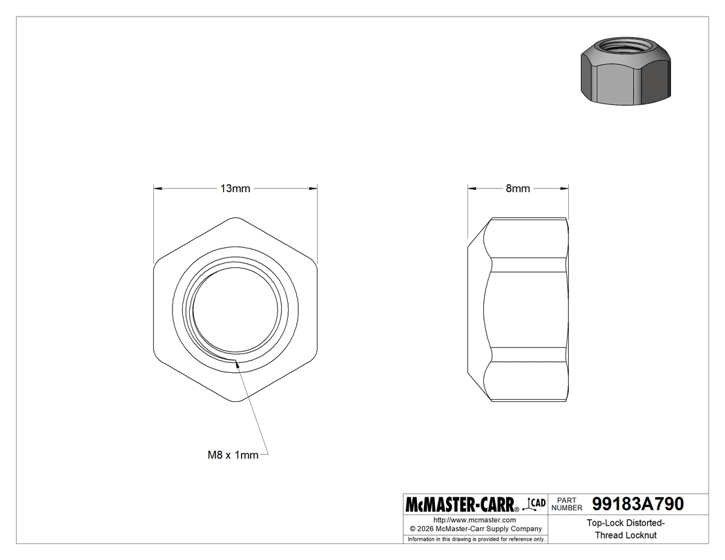 Technical Drawing of Top-Lock Distorted-Thread Locknut, Zinc Yellow-Chromate Plated Steel, M8 x 1 mm Thread.